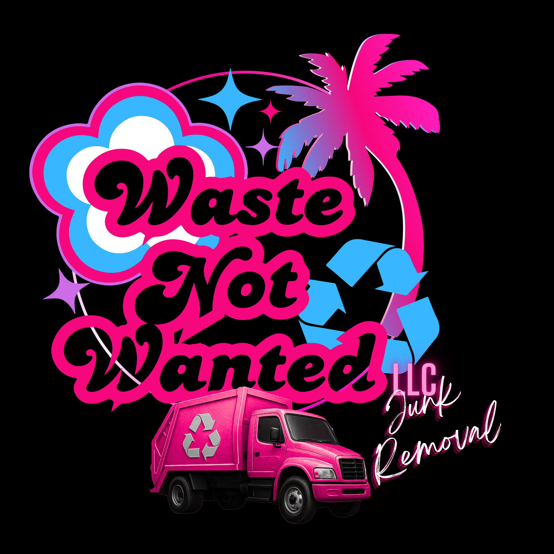 A pink garbage truck with the words waste not wanted on it, Cluttered messy yard.