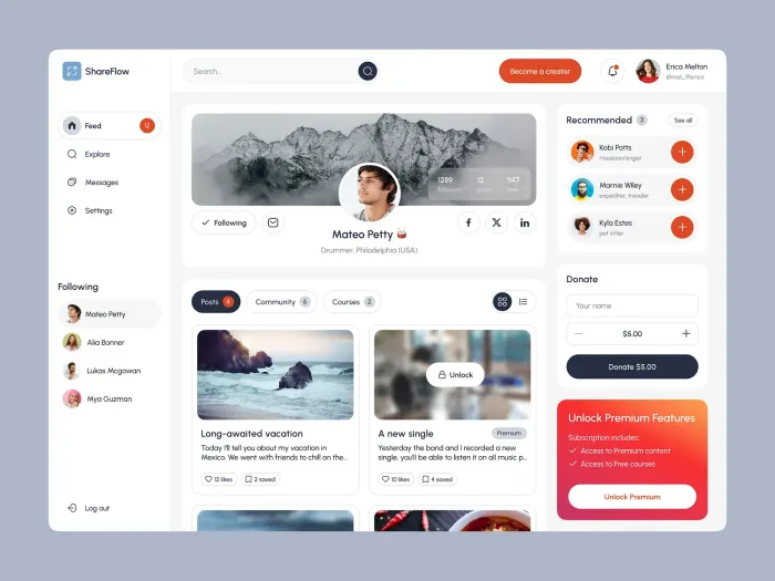 A social media dashboard featuring a user profile, activity feed with post cards, a sidebar menu, and an ad banner.
