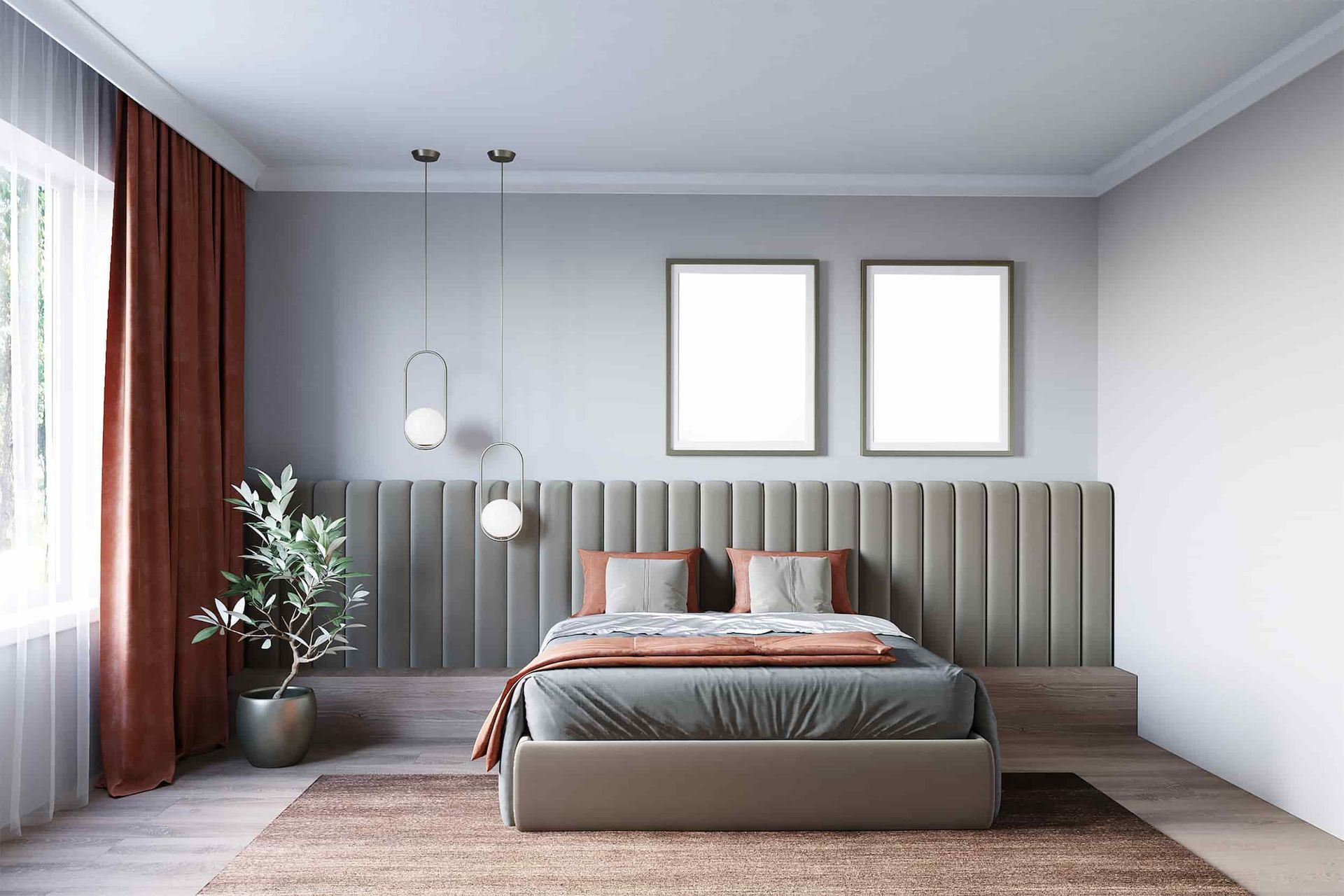 A Bedroom With A Bed , Two Frames On The Wall And A Window — Mi-ekka Designs in Cannonvale, QLD