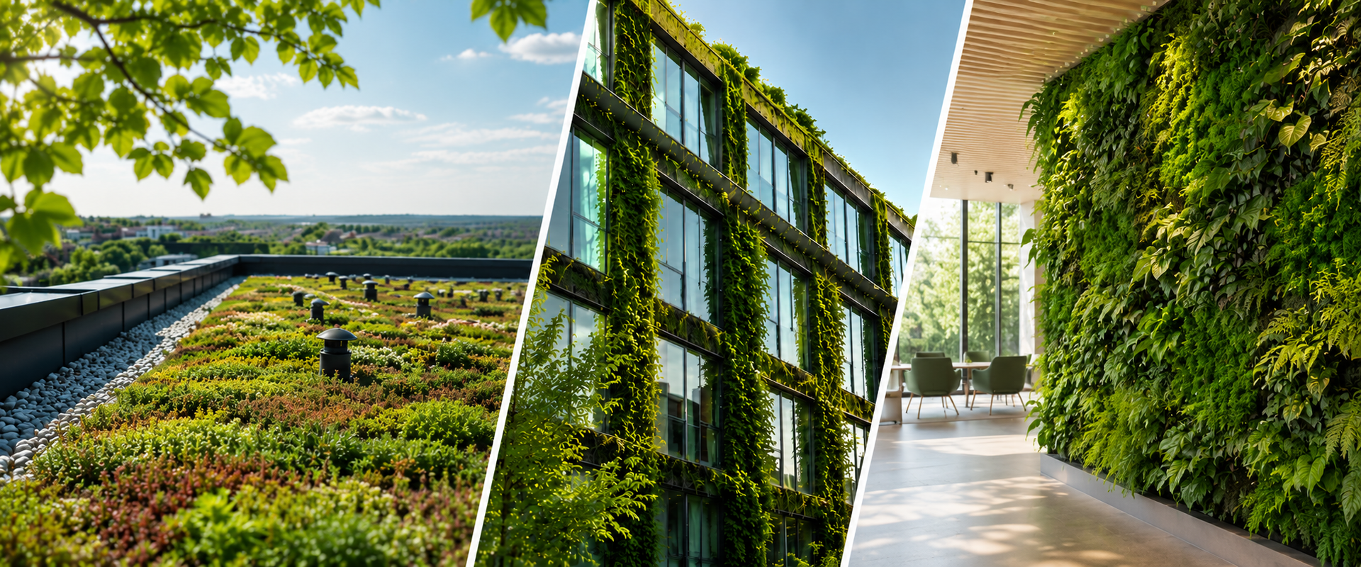 Koláž moderných ekologických riešení v architektúre – zelená strecha, zelená fasáda budovy a interiérová vertikálna záhrada podporujúca udržateľné a biofilické stavby