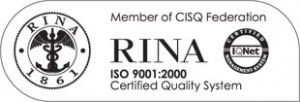 Logo di certificazione RINA con marchi ISO 9001:2000 e IQNet, testo nero su sfondo bianco.