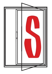 Lettera S rossa all'interno di una cornice geometrica con contorno nero su sfondo bianco.