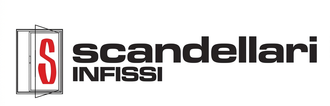 Logo Scandellari Infissi con icona “S” rossa e testo nero su sfondo bianco
