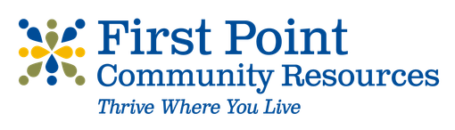First Point Community Resources logo with blue and gold icon and tagline &ldquo;Thrive Where You Live&rdquo;
