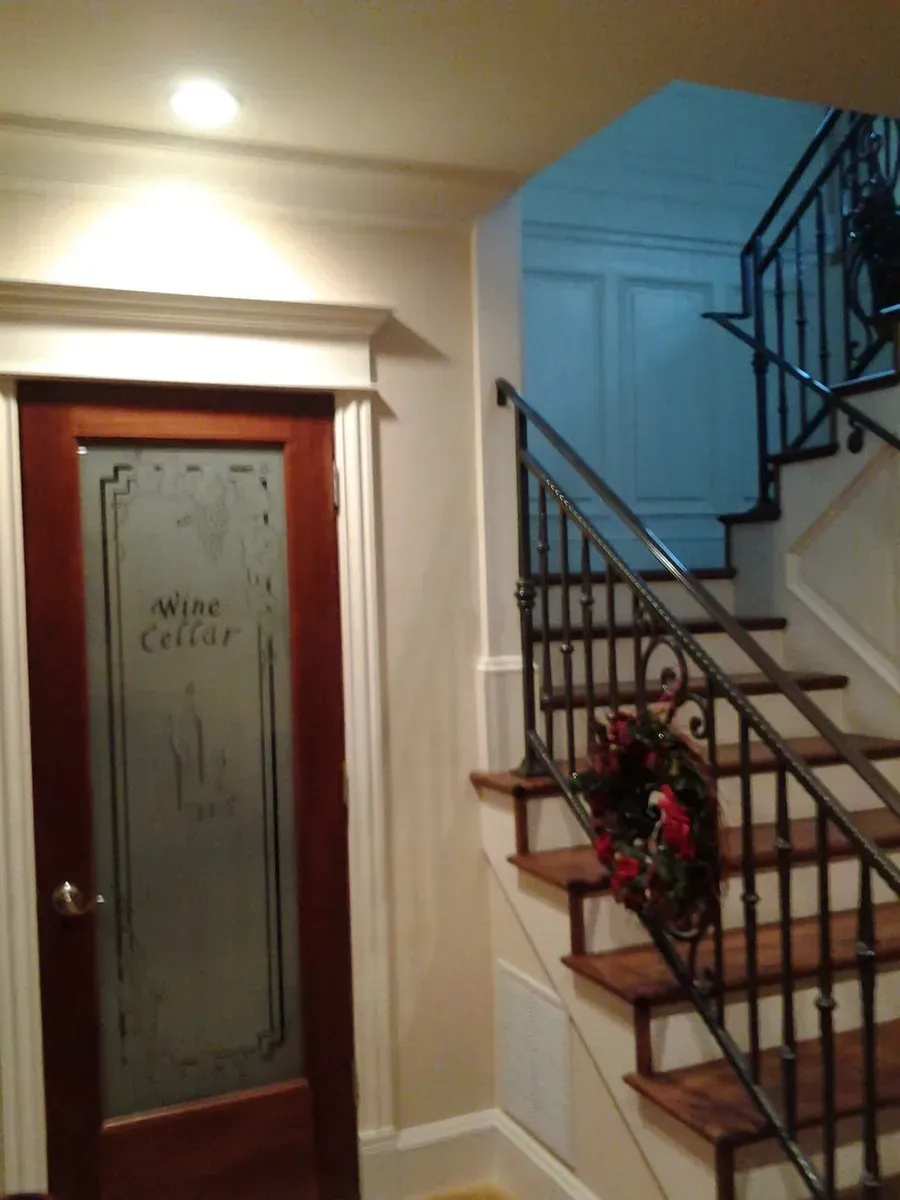 Front entry with a frosted glass door and a staircase with black iron railing and potted flowers.