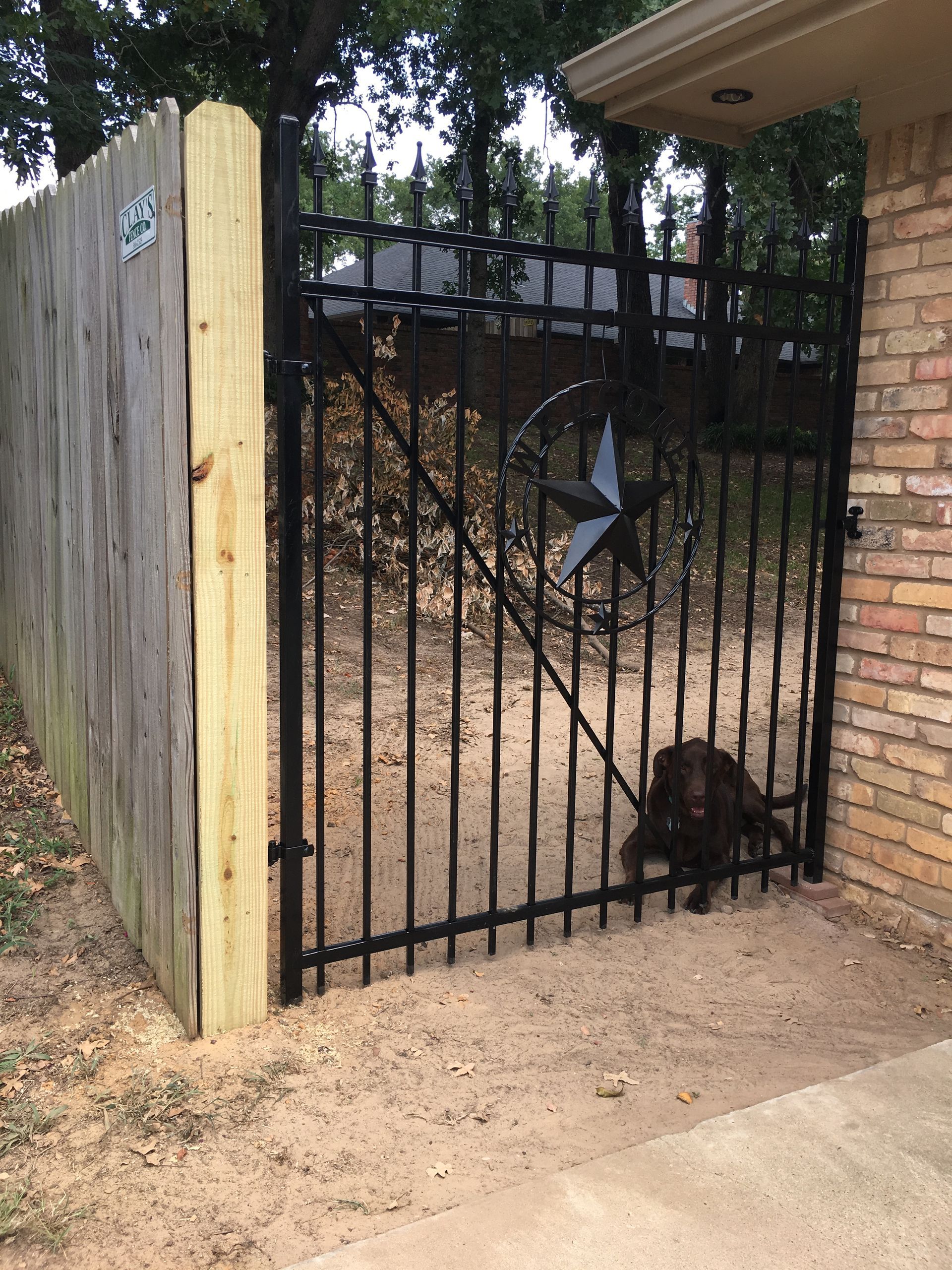 Black metal gate with a star in the center, beside a wooden fence and brick wall. A dog sits inside.