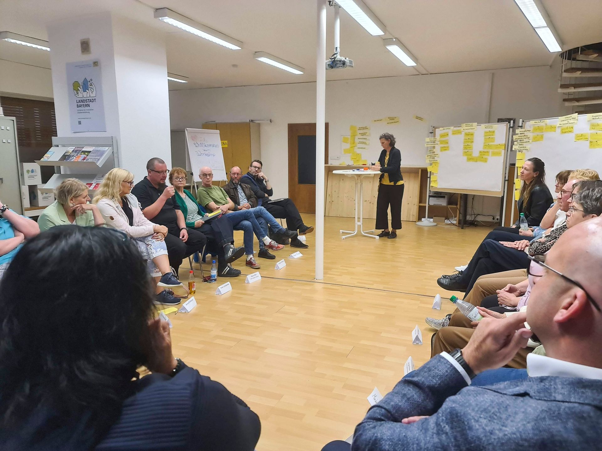 Eine Frau hält einen Vortrag, im Hintergrund stehen mehrere Pinnwände