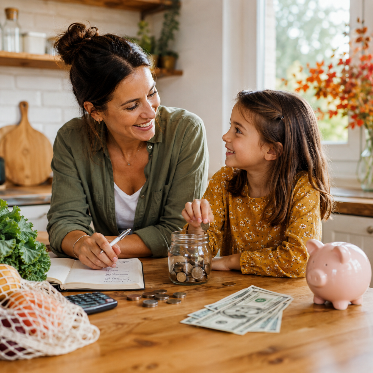 Woman and girl smile at a kitchen table with cash, notebook, and piggy bank during a budgeting lesson