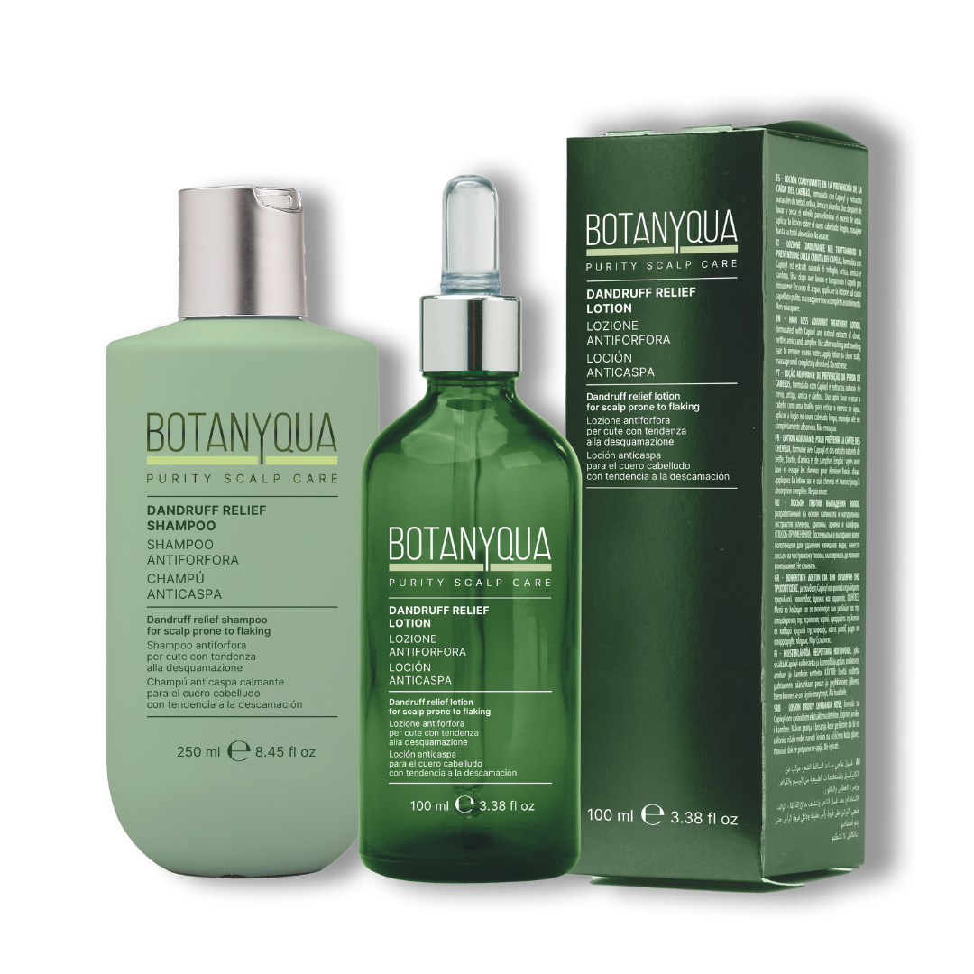 Un flacone di shampoo, un flacone di siero con contagocce e una confezione coordinata,