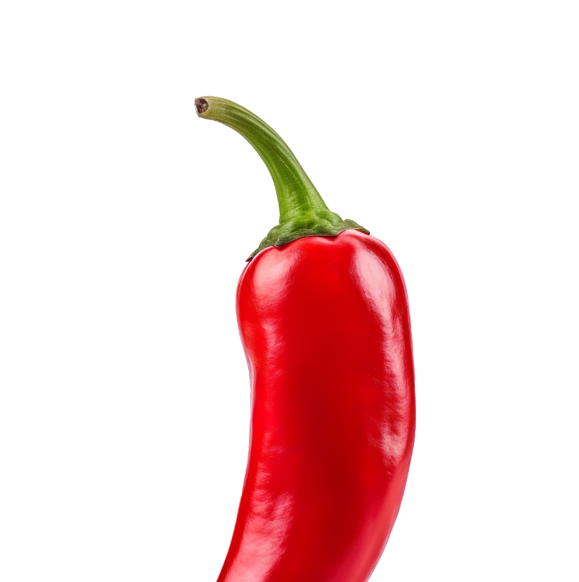 Un peperoncino rosso brillante con gambo verde, isolato su uno sfondo bianco uniforme.