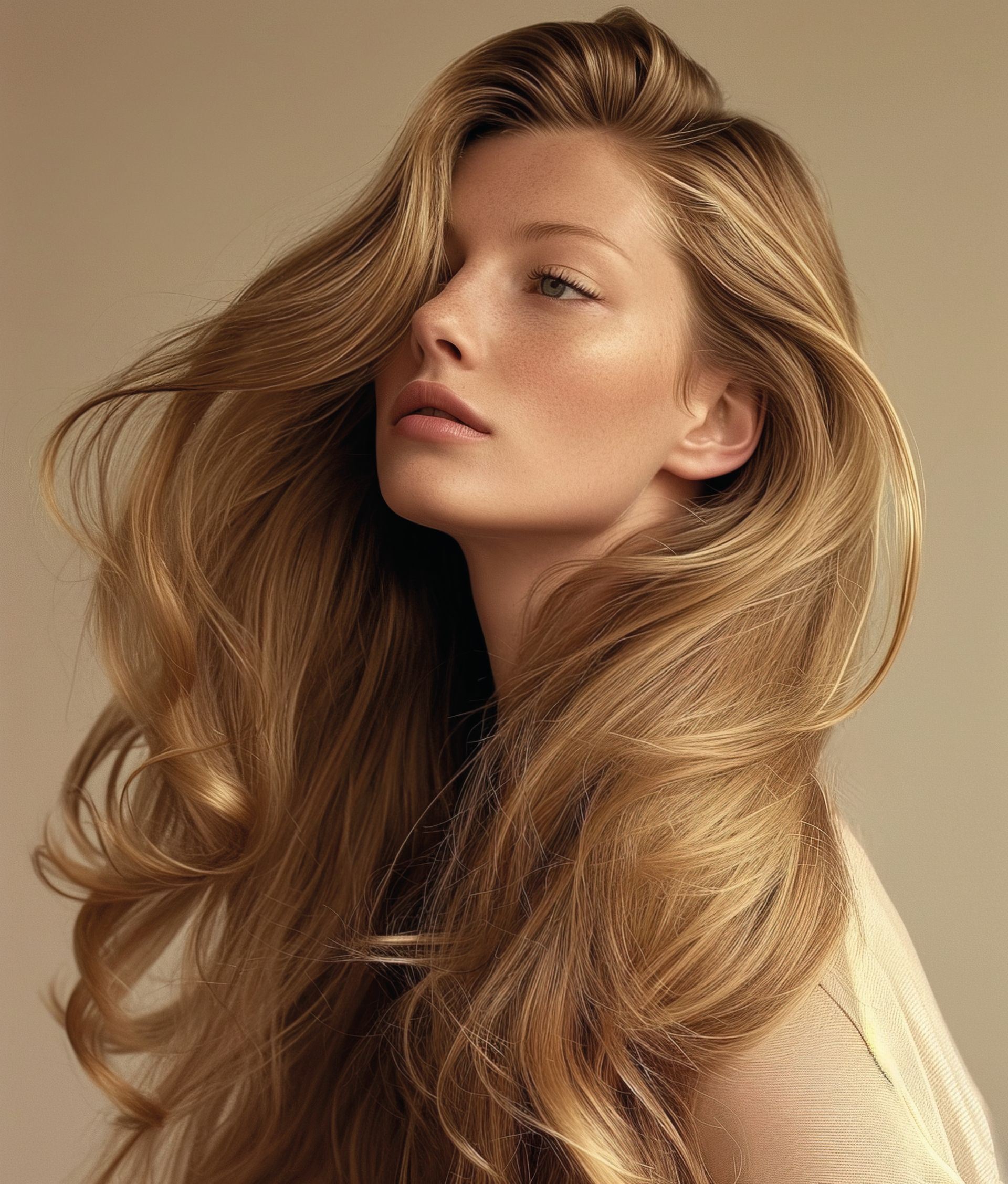 Una donna con lunghi e voluminosi capelli biondi posizionata in uno studio luminoso e soffuso.