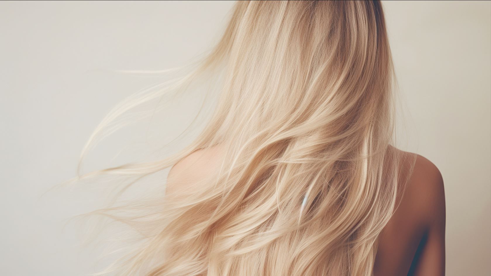 Lunghi capelli biondi e ondulati risaltano su uno sfondo neutro e semplice.