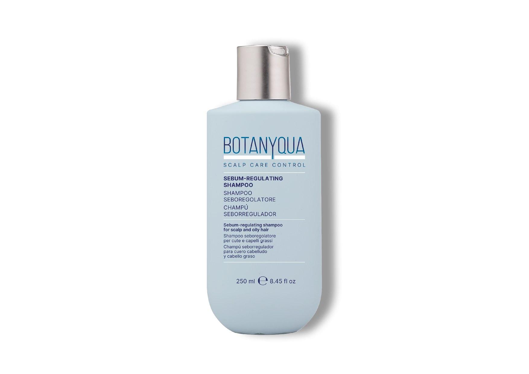 Una bottiglia cilindrica di shampoo Botanylla di colore azzurro chiaro con tappo argentato, su sfondo bianco.