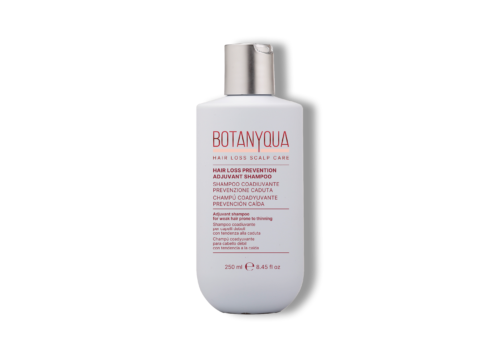 Una bottiglia bianca di shampoo Botanywa con tappo argentato su uno sfondo bianco uniforme.