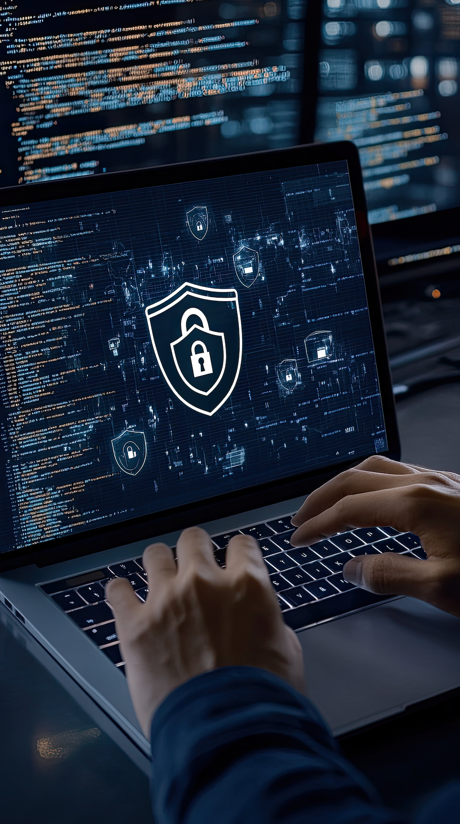 A person is typing on a laptop computer with a padlock on the screen.