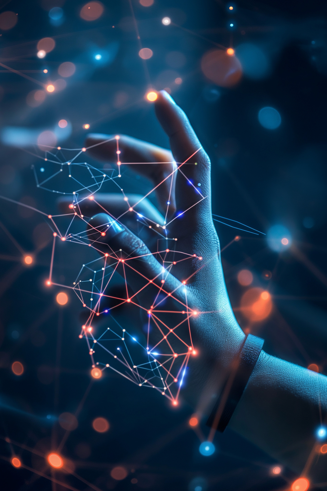 A close up of a person 's hand holding a glowing network of lines and dots.
