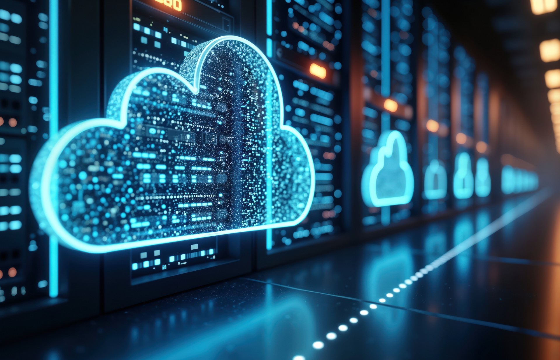 A cloud is glowing in the dark in a server room.