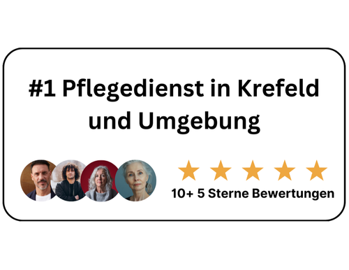 Marketing-Siegel für den führenden häuslichen Pflegedienst in Krefeld mit fünf Sternen und über 10 Bewertungen.