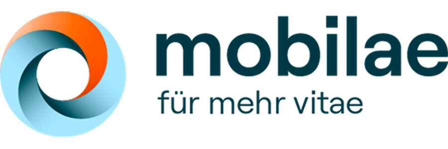 Logo für Mobilae mit einem abstrakten kreisförmigen orange-blauen Symbol neben dem Text 