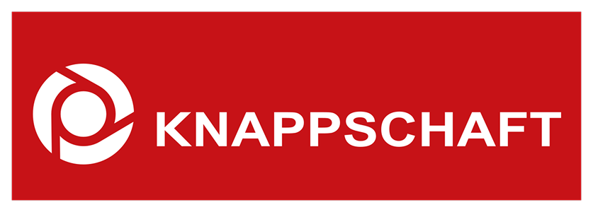 Logo der Knappschaft auf rotem Hintergrund mit einem stilisierten weißen Kreisemblem links neben dem weißen Text.