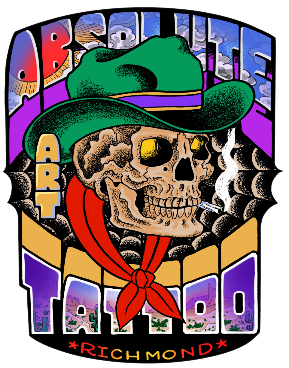 Absolute Art Tattoo Richmond design with western cowboy skull artwork and desert sunset background