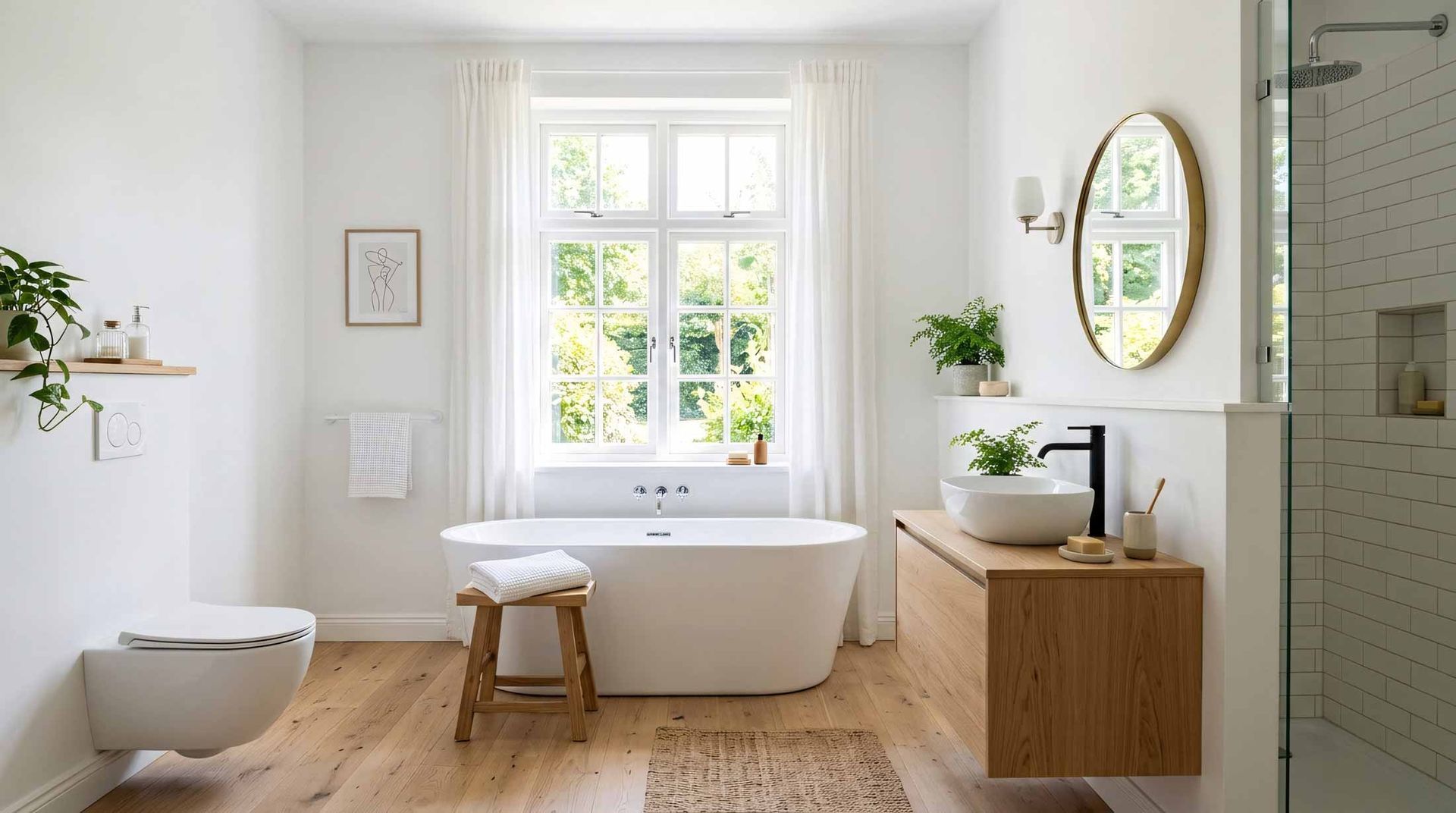 Bright modern bathroom with freestanding tub, wood vanity, round mirror, and natural light from a large window
