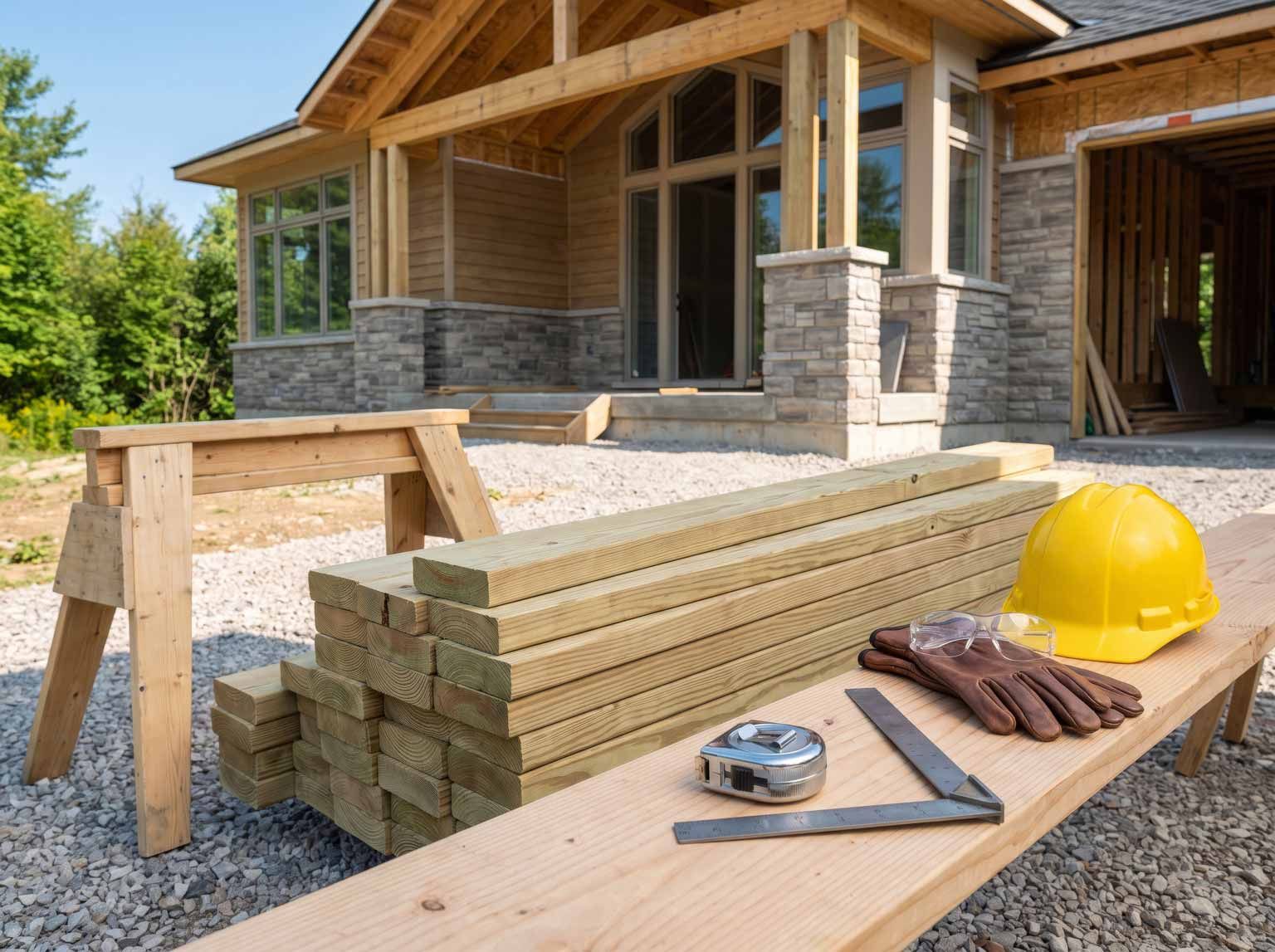 Construction materials and tools on a workbench outside a wooden house under construction