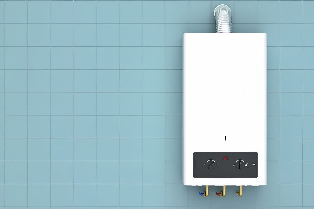 A White Gas Boiler Is Sitting On A Blue Tiled Wall — In-Line Electrical Southern Highlands in Carrick, NSW