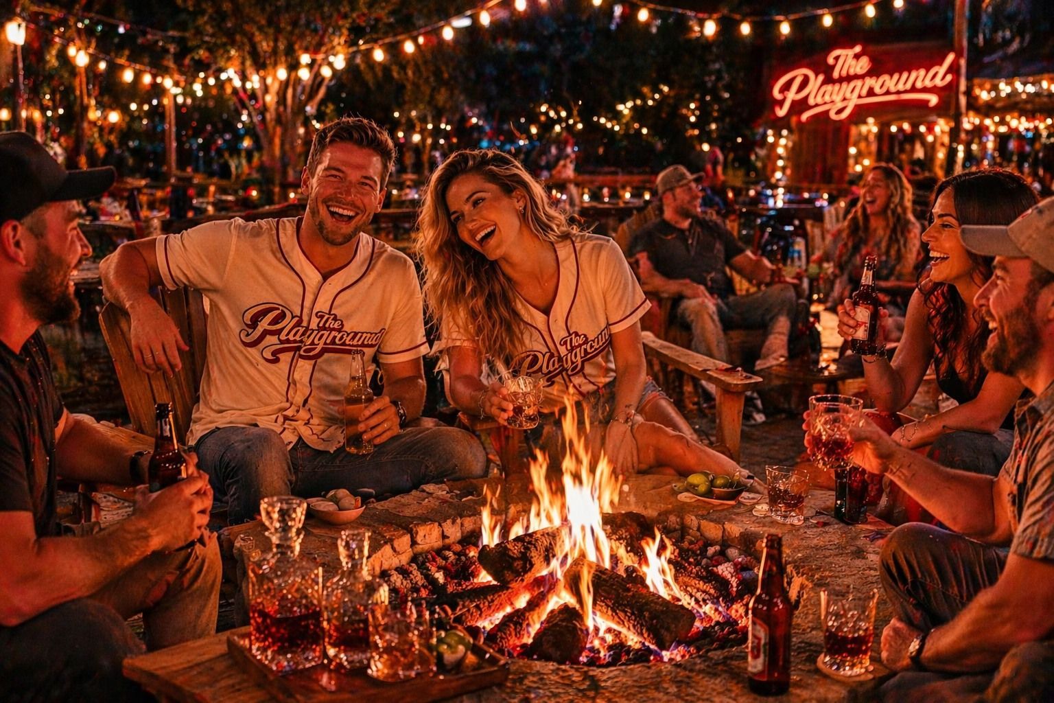 Friends laughing around a campfire at a lively outdoor night gathering with string lights and beer bottles