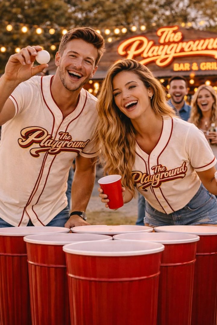 Two friends playing beer pong at a lively bar, smiling by a red table with red cups and warm string lights.