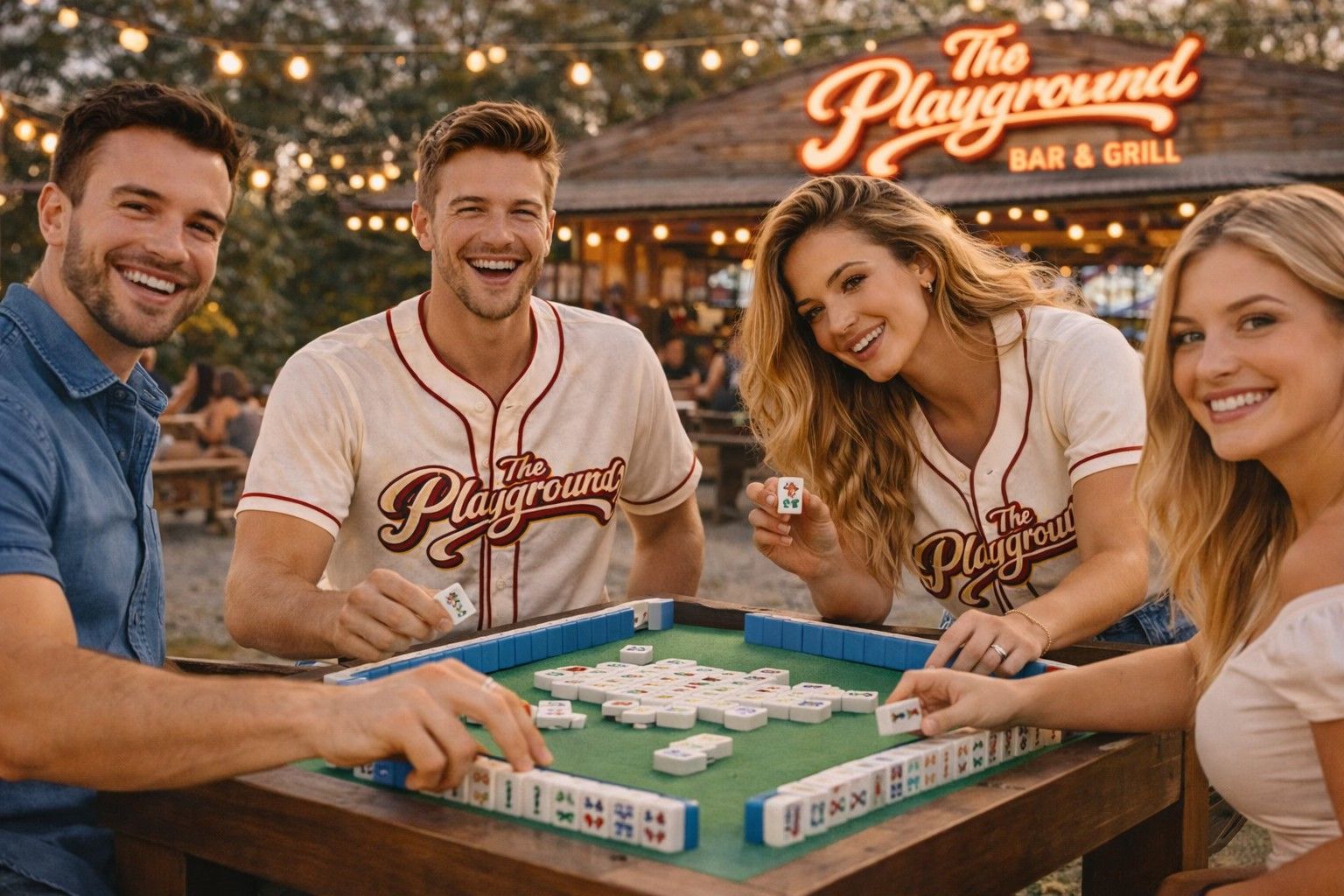 Four friends smiling around a mahjong table at The Playground Bar & Grill, with warm lights in the background