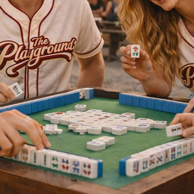Players leaning over a mahjong table, arranging white tiles on a green felt surface.