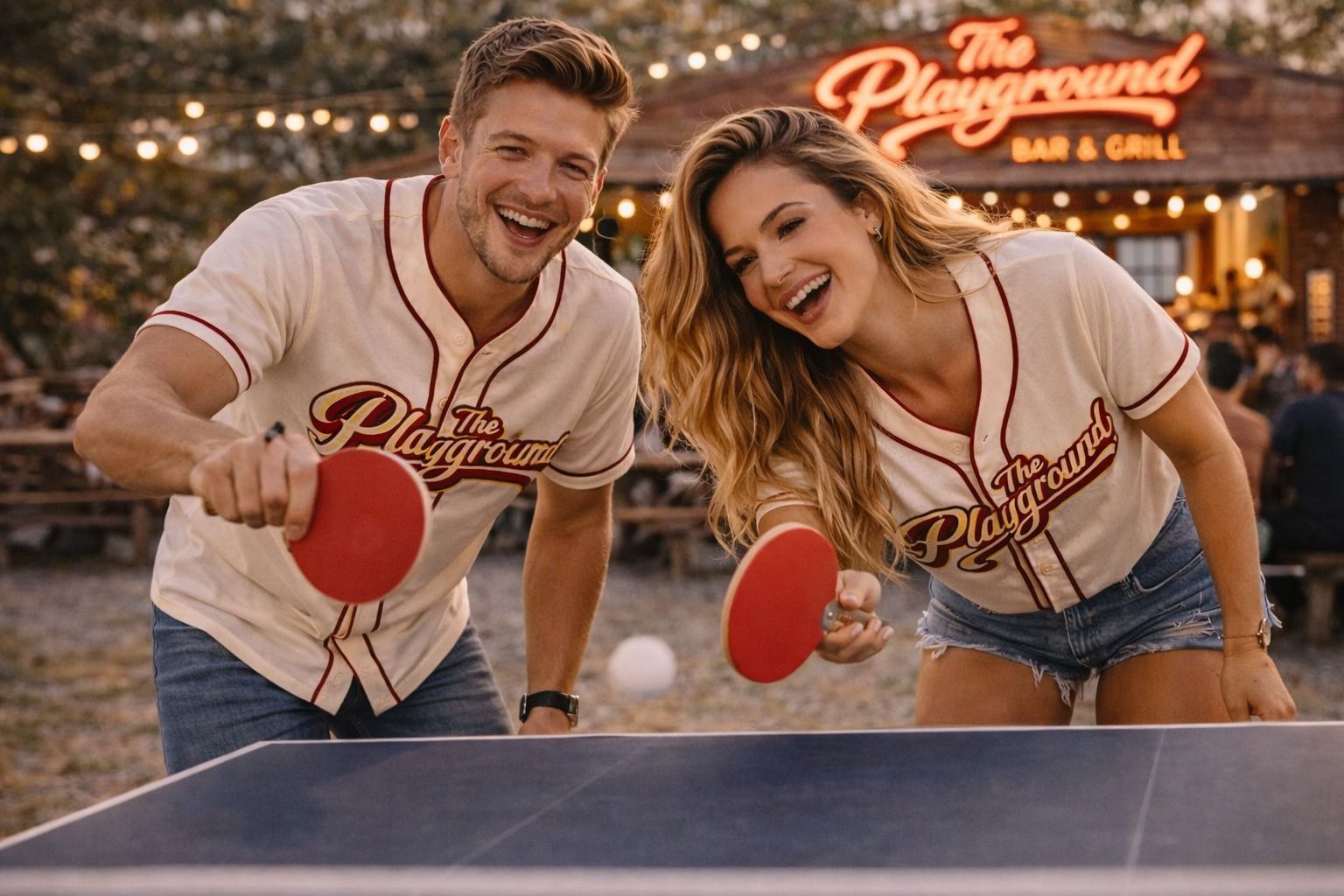 Two people smiling and playing ping-pong outside The Playground Bar & Grill at sunset