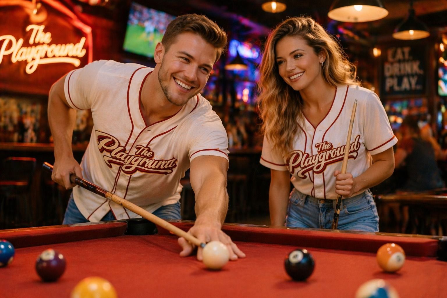 Two people smiling at a pool table in a neon-lit bar, aiming cue sticks at the balls