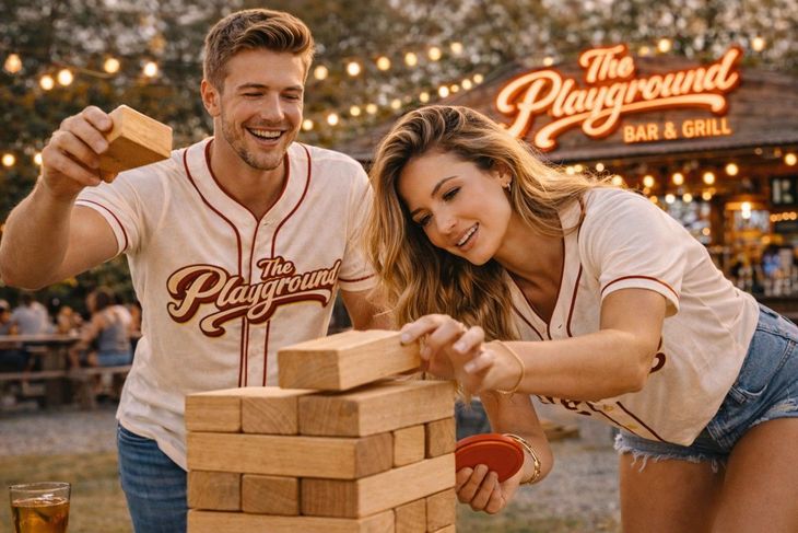 Two friends playing beer pong at a lively bar, smiling by a red table with red cups and warm string lights.