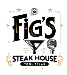 Figs Steak House logo with black typography, martini glass, microphone, and gold accents; Tool, Texas.