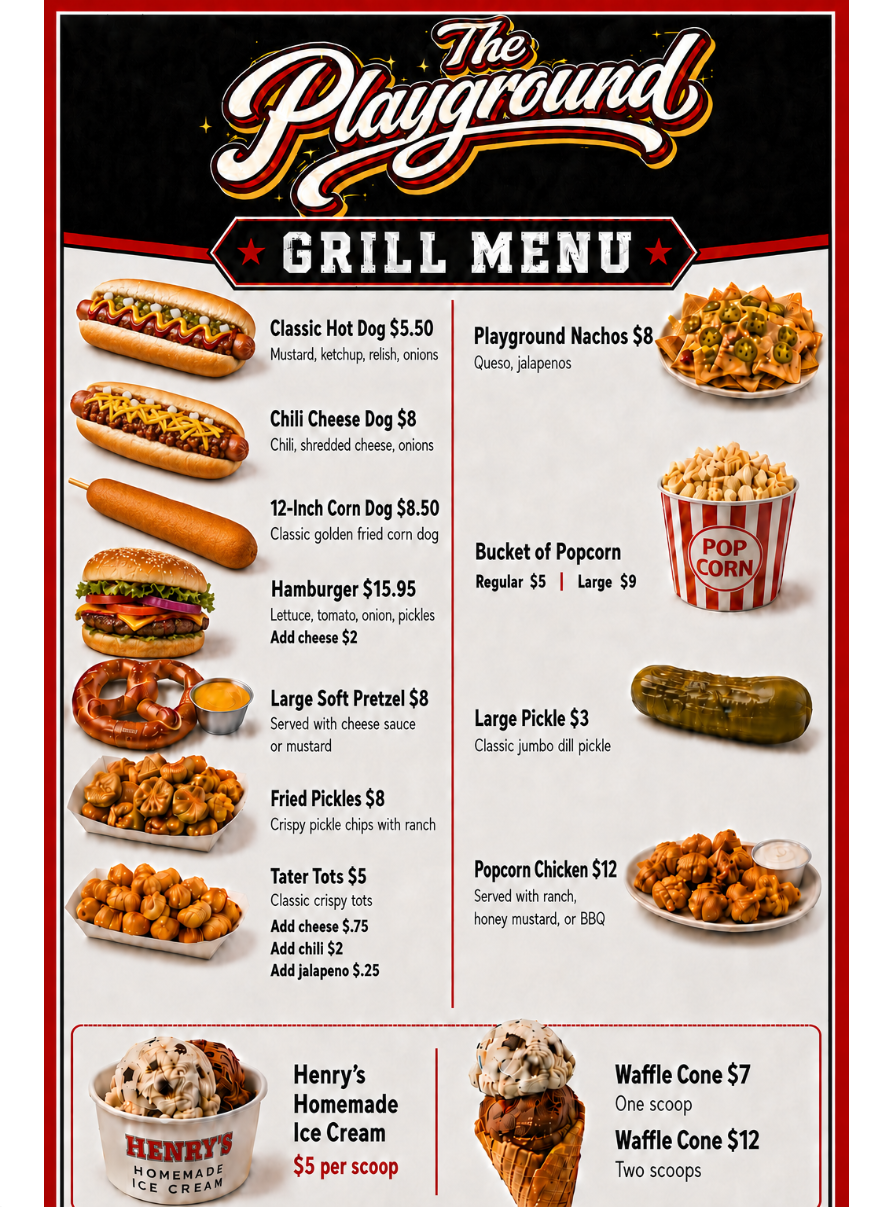The Playground Grill menu poster with hot dogs, burgers, fries, and ice cream items on a white background