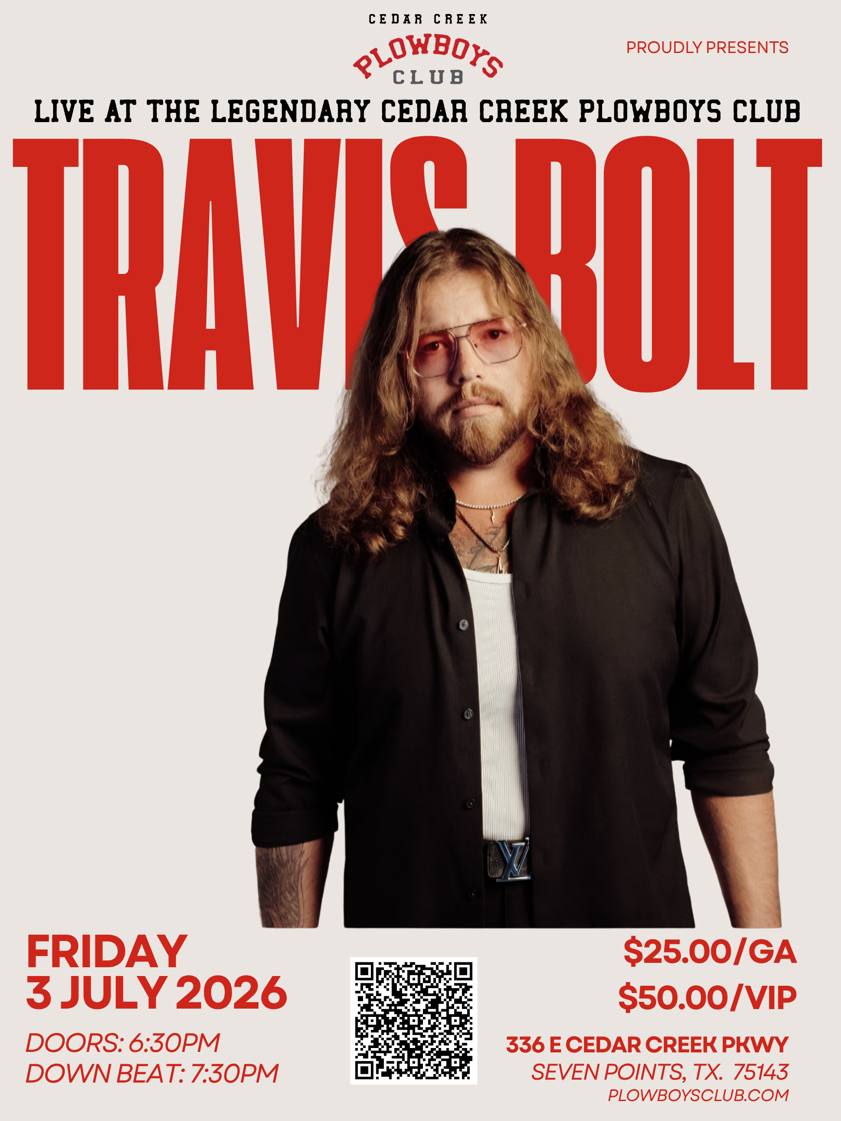 Concert poster for Travis Bolt at Cedar Creek Playboys Club, Friday July 3, 2026, with ticket prices and QR code