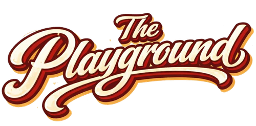 Logo reading “The Playground” in brown and cream retro script with a swooping underline