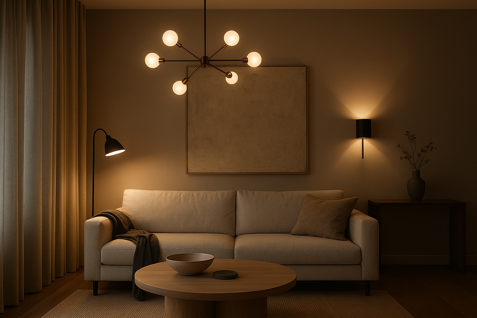 Living room with sofa, coffee table, and modern light fixtures; warm lighting.