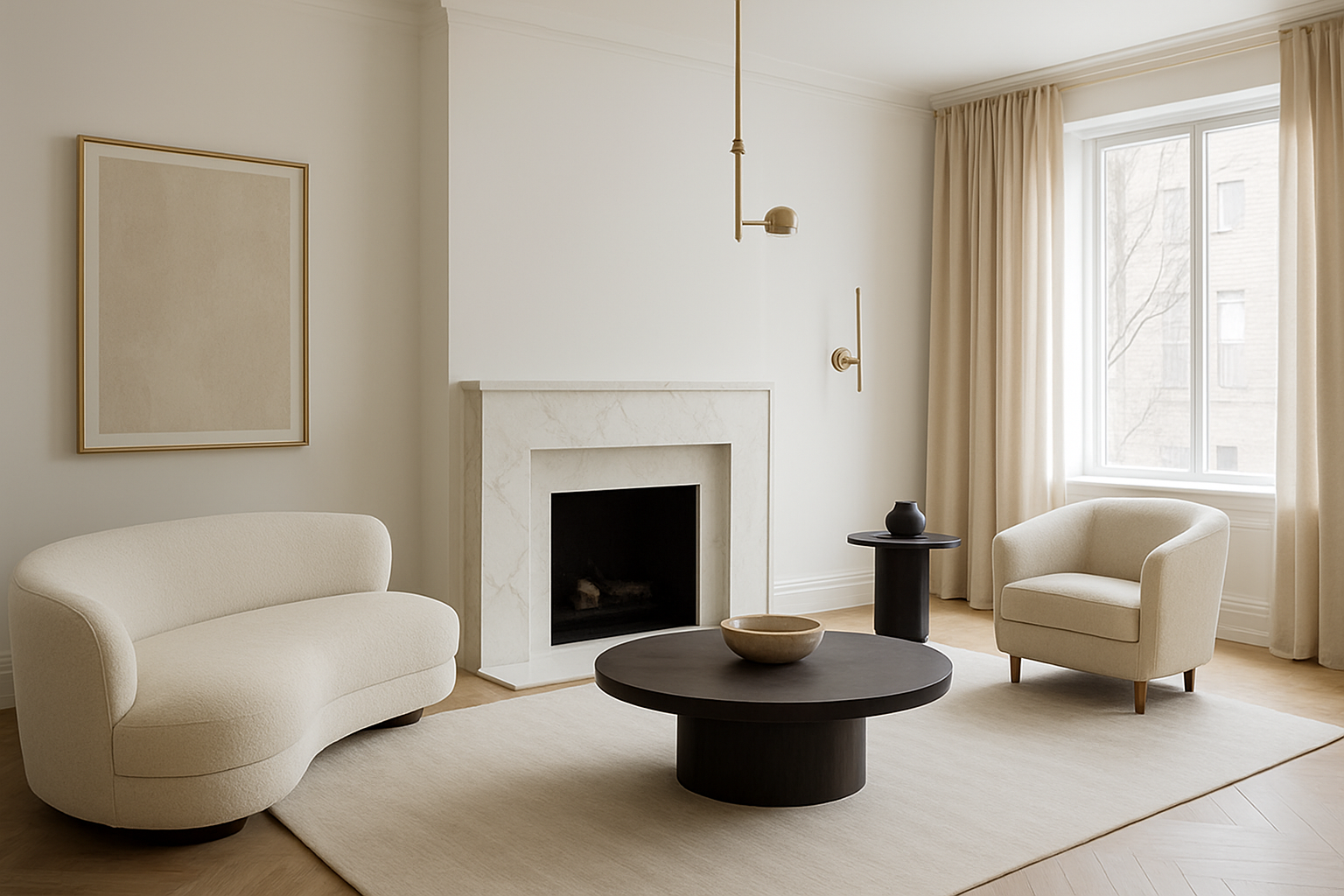 A minimalist living room with ivory furniture, a black coffee table, and cream-colored curtains.
