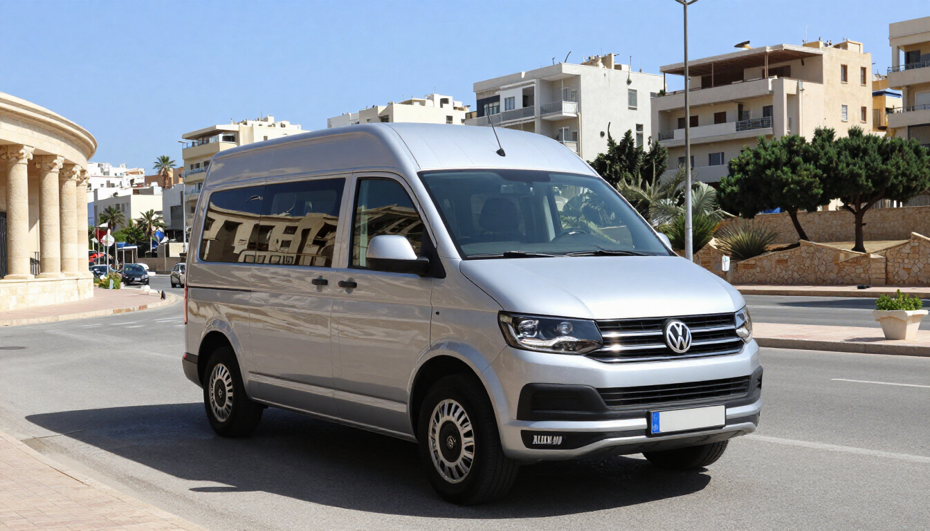 רכב מיניוואן כסוף וייצוגי ברחוב עירוני - שירות הסעות לאירועים עד 8 אנשים.