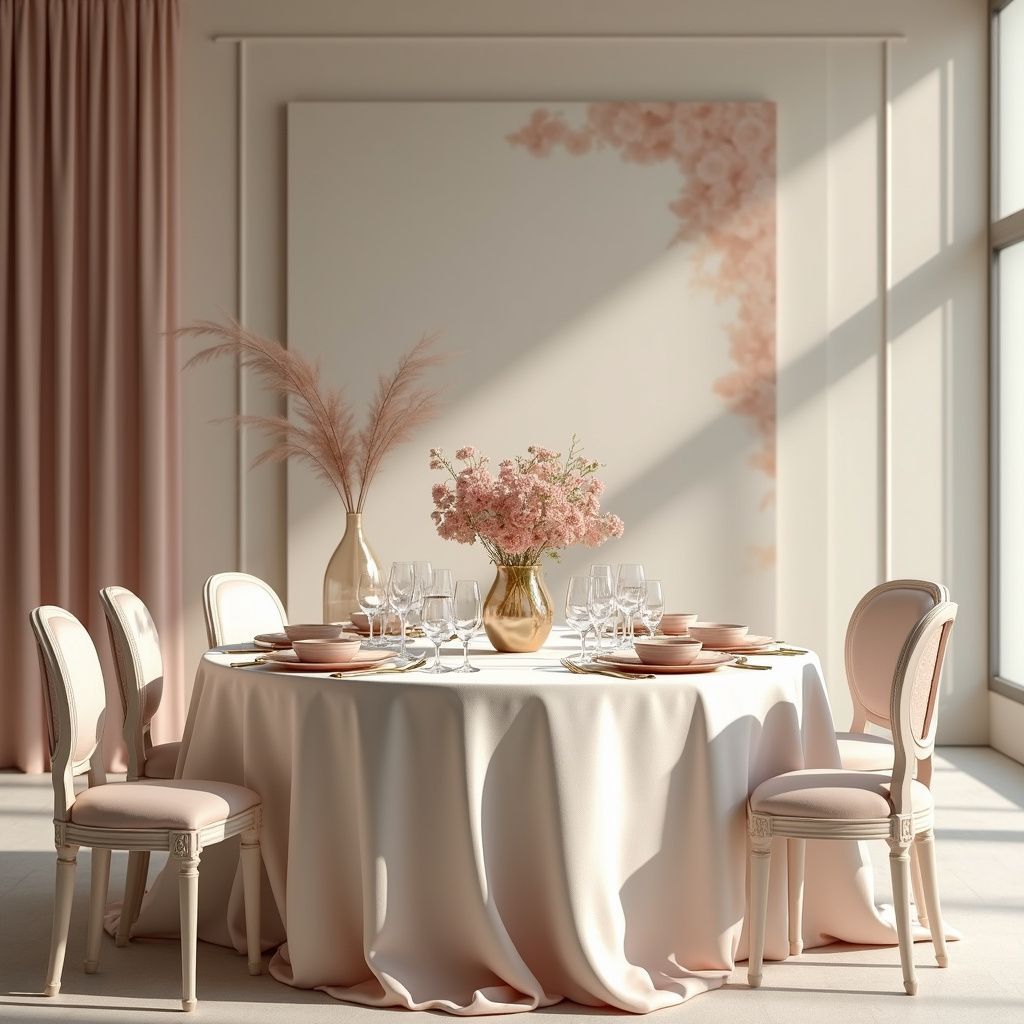 Elegant dining table set for four, pastel pink and cream decor.