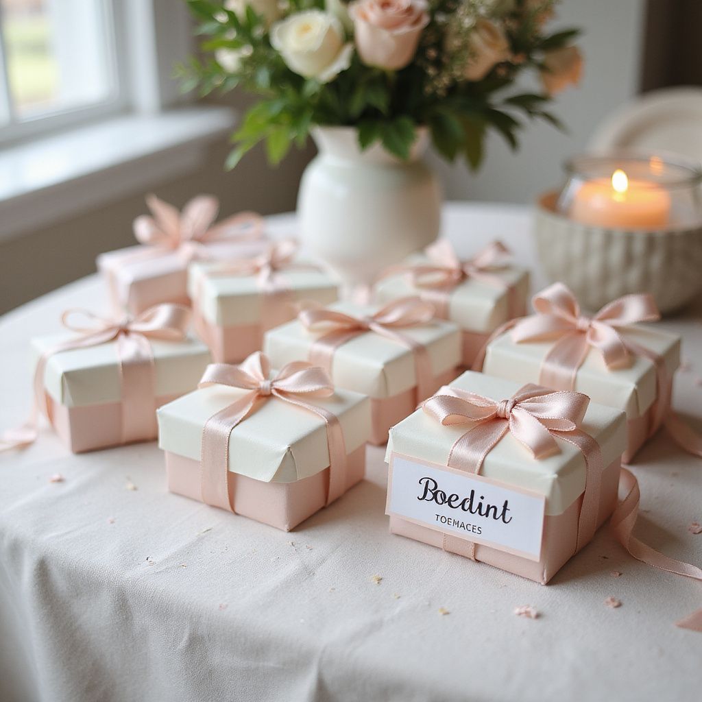 Pink and white gift boxes with bows on a table, with flowers and a candle.