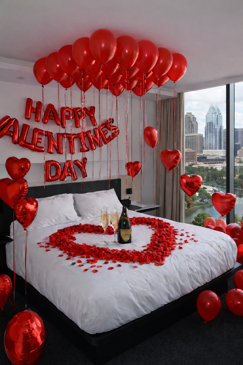 A bed decorated with red balloons and rose petals for Valentine's Day. 