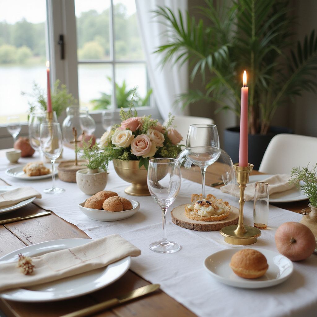 Formal dining table set for a meal, with flowers, candles, and dishes.