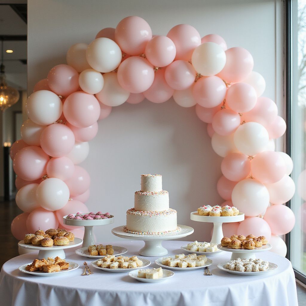 Dessert table with a pink and white balloon arch over a three-tiered cake and other pastries.