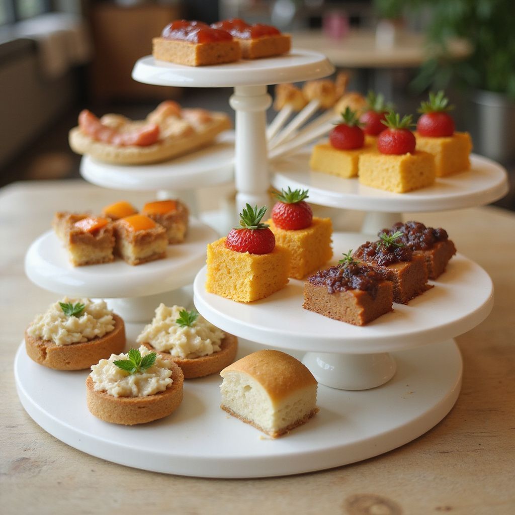 Tiered dessert stand with various small pastries, including cakes, tarts, and fruit garnishes.
