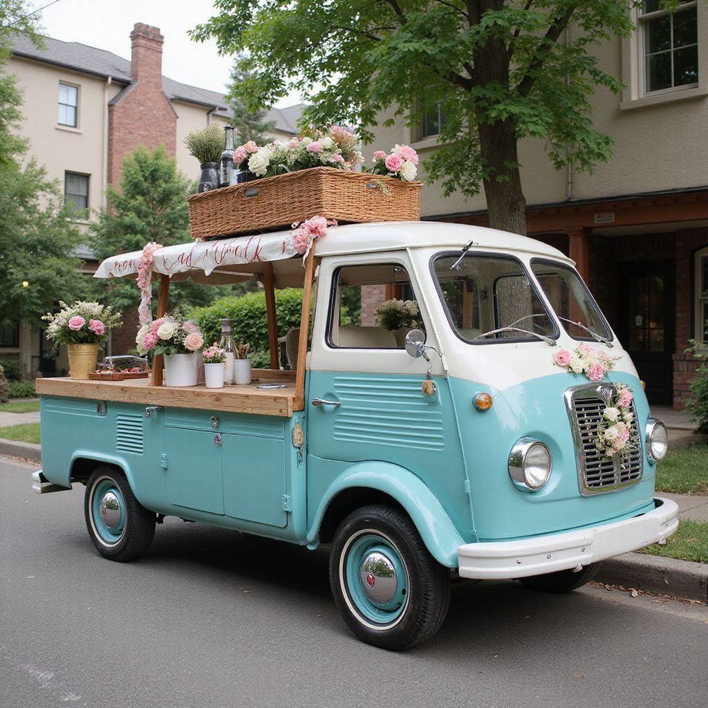 Aqua and white vintage truck with floral display, parked on a street.