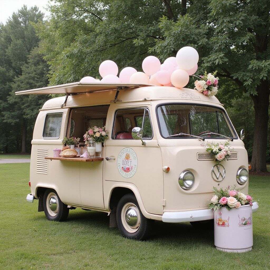 Beige vintage VW van decorated with pink balloons and flowers, parked on grass.